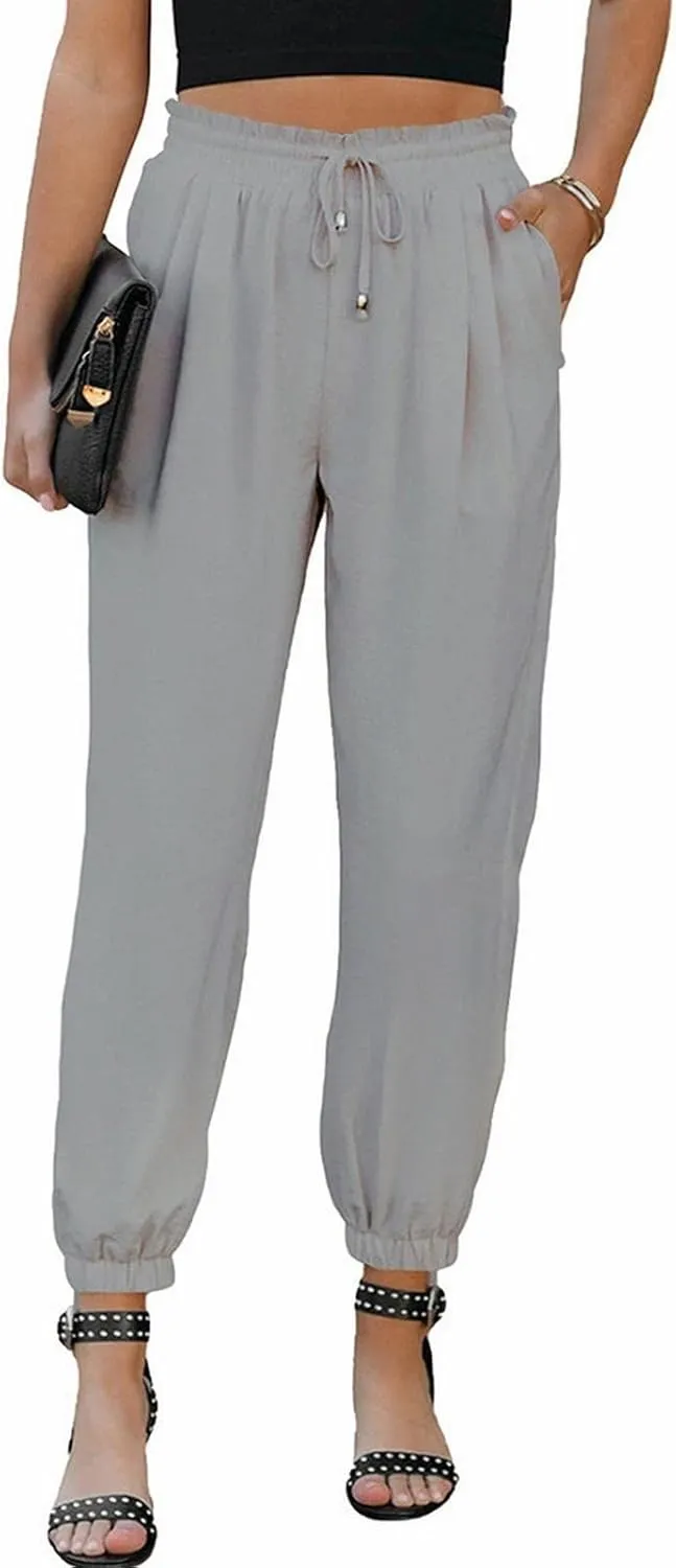 Womens Cotton Linen Summer Loose Flowy Palazzo Pants Elastic Waist Stretchy Loose Fit Trousers Work Business