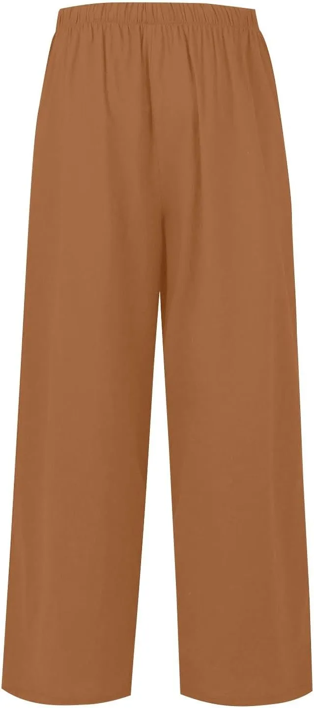 Women's Cotton Linen Summer Palazzo Pants Elastic Drawstring Flowy Wide Leg Beach Trousers with Pockets