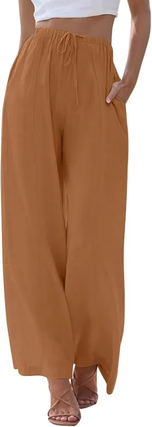 Women's Cotton Linen Summer Palazzo Pants Elastic Drawstring Flowy Wide Leg Beach Trousers with Pockets