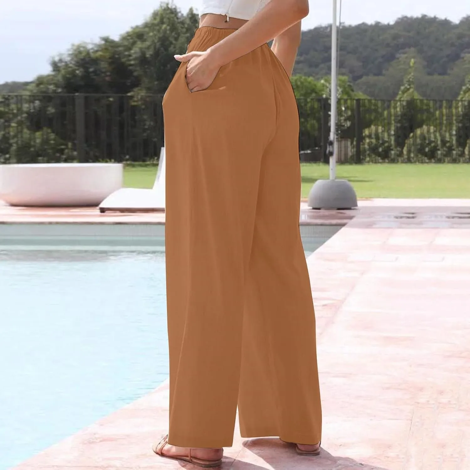 Women's Cotton Linen Summer Palazzo Pants Elastic Drawstring Flowy Wide Leg Beach Trousers with Pockets
