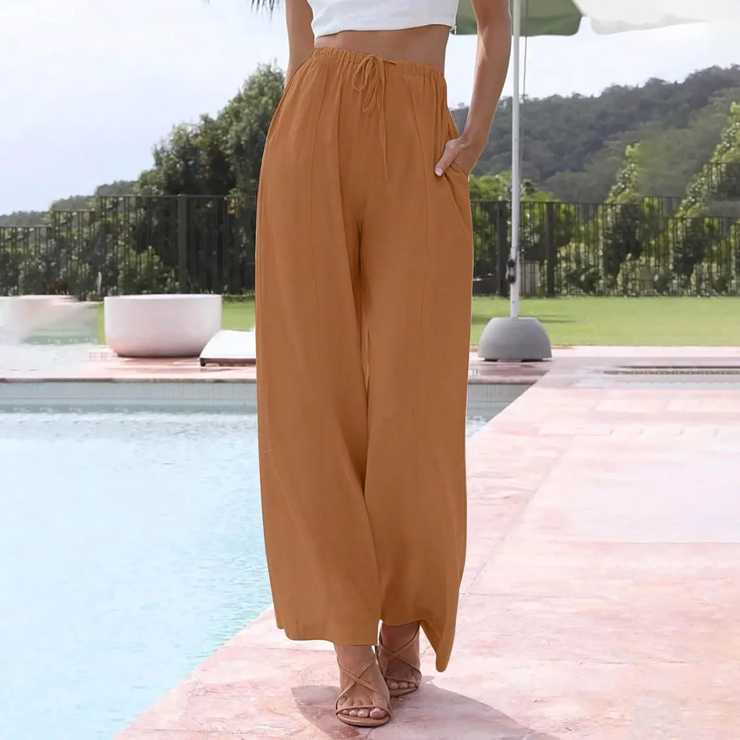 Women's Cotton Linen Summer Palazzo Pants Elastic Drawstring Flowy Wide Leg Beach Trousers with Pockets