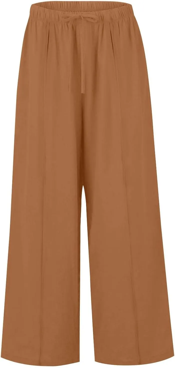 Women's Cotton Linen Summer Palazzo Pants Elastic Drawstring Flowy Wide Leg Beach Trousers with Pockets