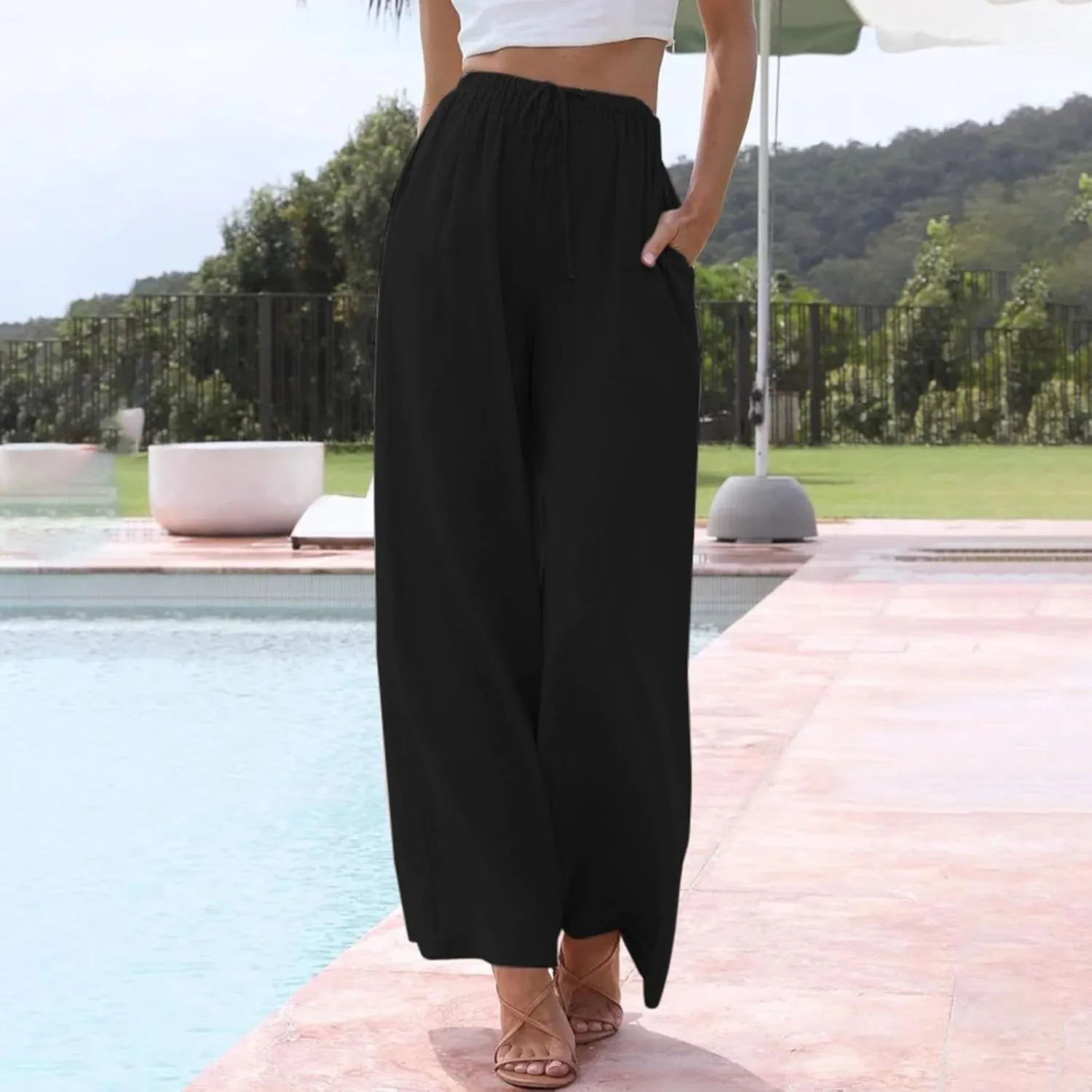 Women's Cotton Linen Summer Palazzo Pants Flowy Wide Leg Beach Vacation Trousers with Pockets 2025 Trendy