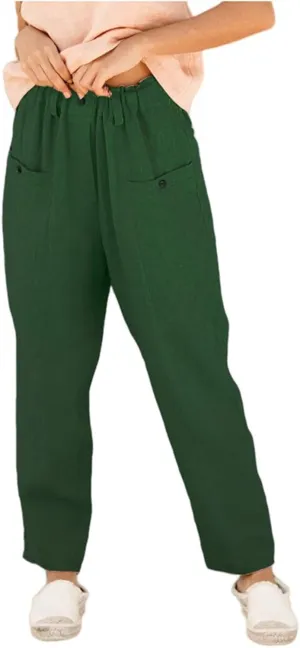 Women's Cotton Linen Tapered Cropped Pants Elastic Waist Trousers Summer Loose Casual Capris Going Out with Pockets