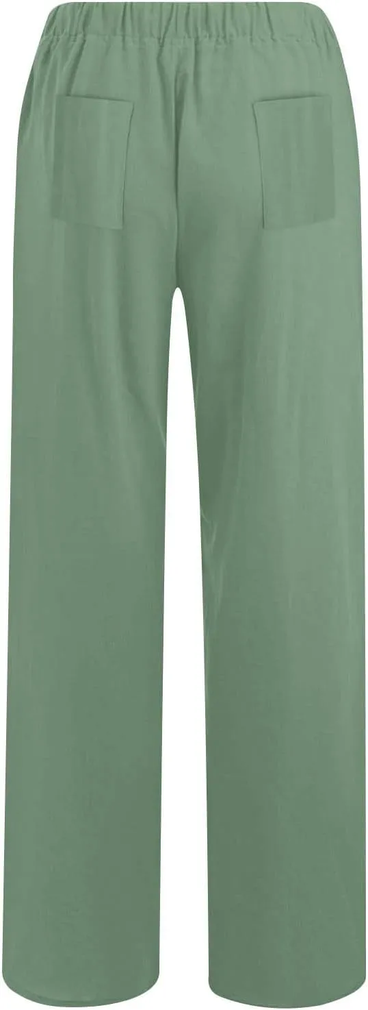 Womens Cotton Linen Wide Leg Palazzo Pants Loose Casual High Waisted Slacks Lightweight Summer Trousers with Pockets