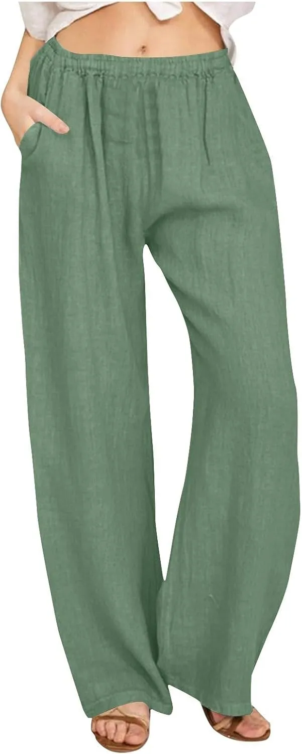 Womens Cotton Linen Wide Leg Palazzo Pants Loose Casual High Waisted Slacks Lightweight Summer Trousers with Pockets