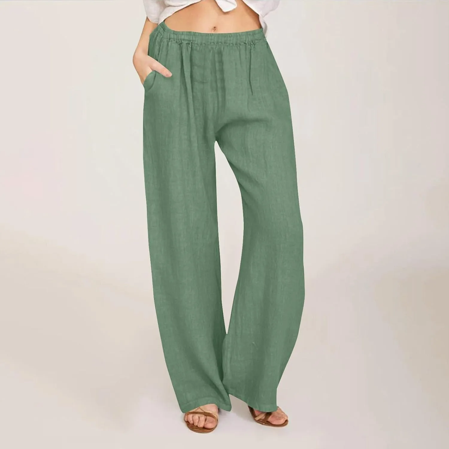 Womens Cotton Linen Wide Leg Palazzo Pants Loose Casual High Waisted Slacks Lightweight Summer Trousers with Pockets