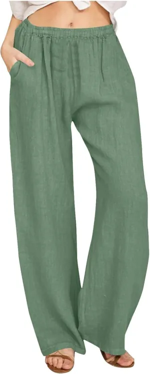 Womens Cotton Linen Wide Leg Palazzo Pants Loose Casual High Waisted Slacks Lightweight Summer Trousers with Pockets