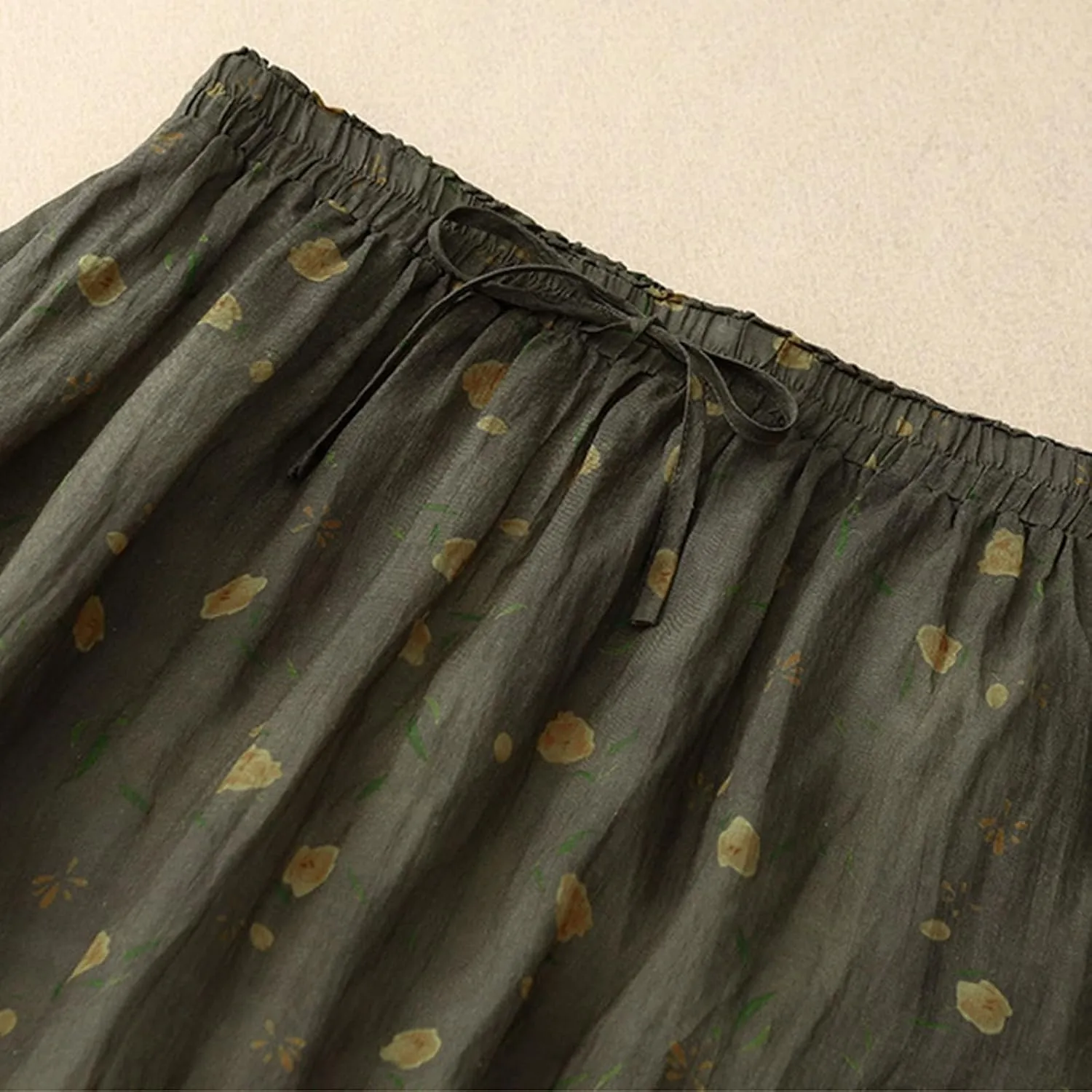 Women's Cute Skirts Comfy Fresh Double Layer Floral Printed Skirt Drawstring High Elastic Waist Pleated Midi Skirts