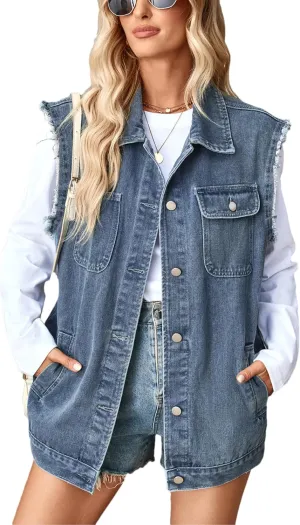 Women's Denim Jean Vest Casual Button Sleeveless Jean Jacket Vintage Denim Waistcoat with Pockets