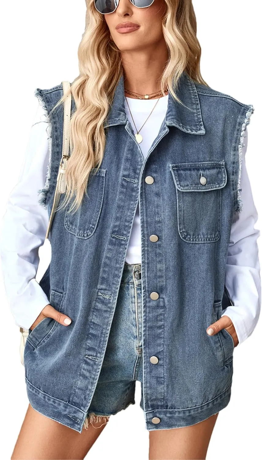 Women's Denim Jean Vest Casual Button Sleeveless Jean Jacket Vintage Denim Waistcoat with Pockets