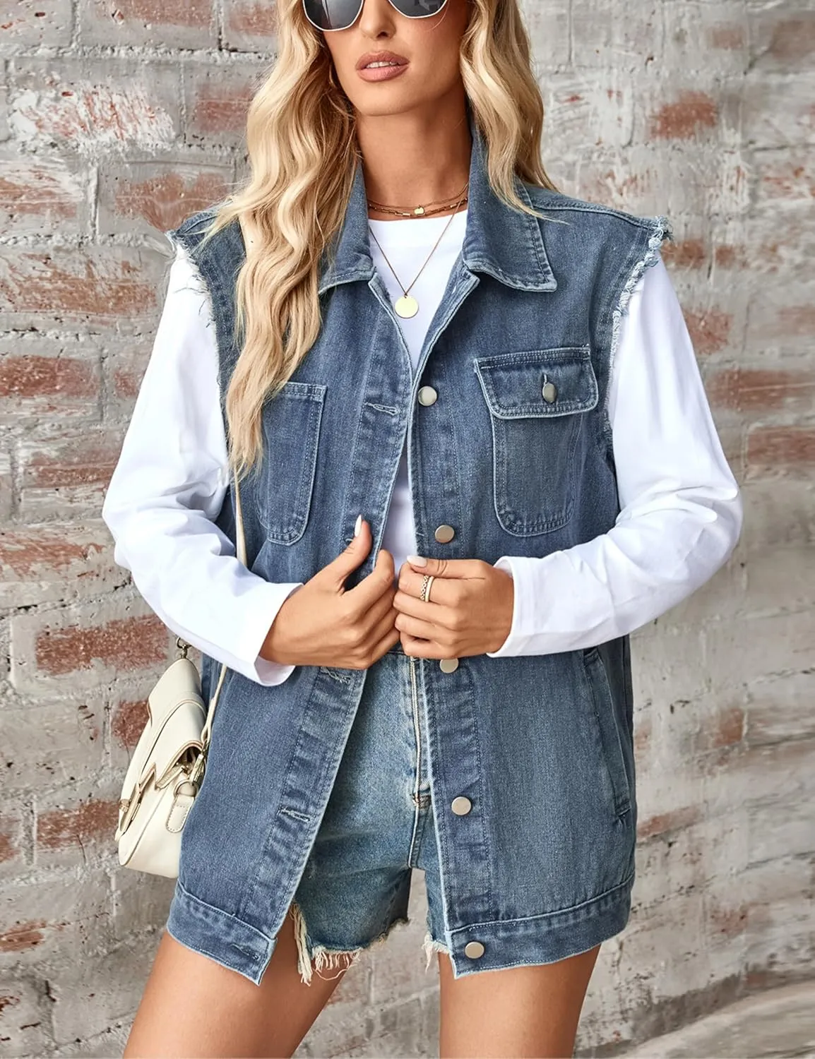 Women's Denim Jean Vest Casual Button Sleeveless Jean Jacket Vintage Denim Waistcoat with Pockets