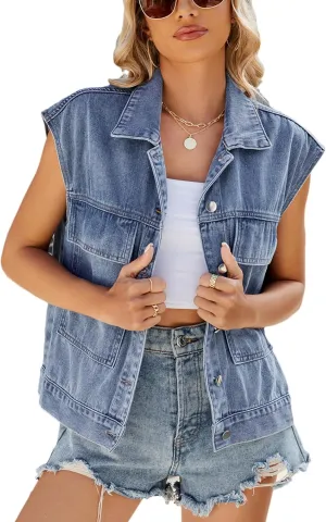 Women's Denim Jean Vest Casual Button Sleeveless Jean Jacket Vintage Denim Waistcoat with Pockets