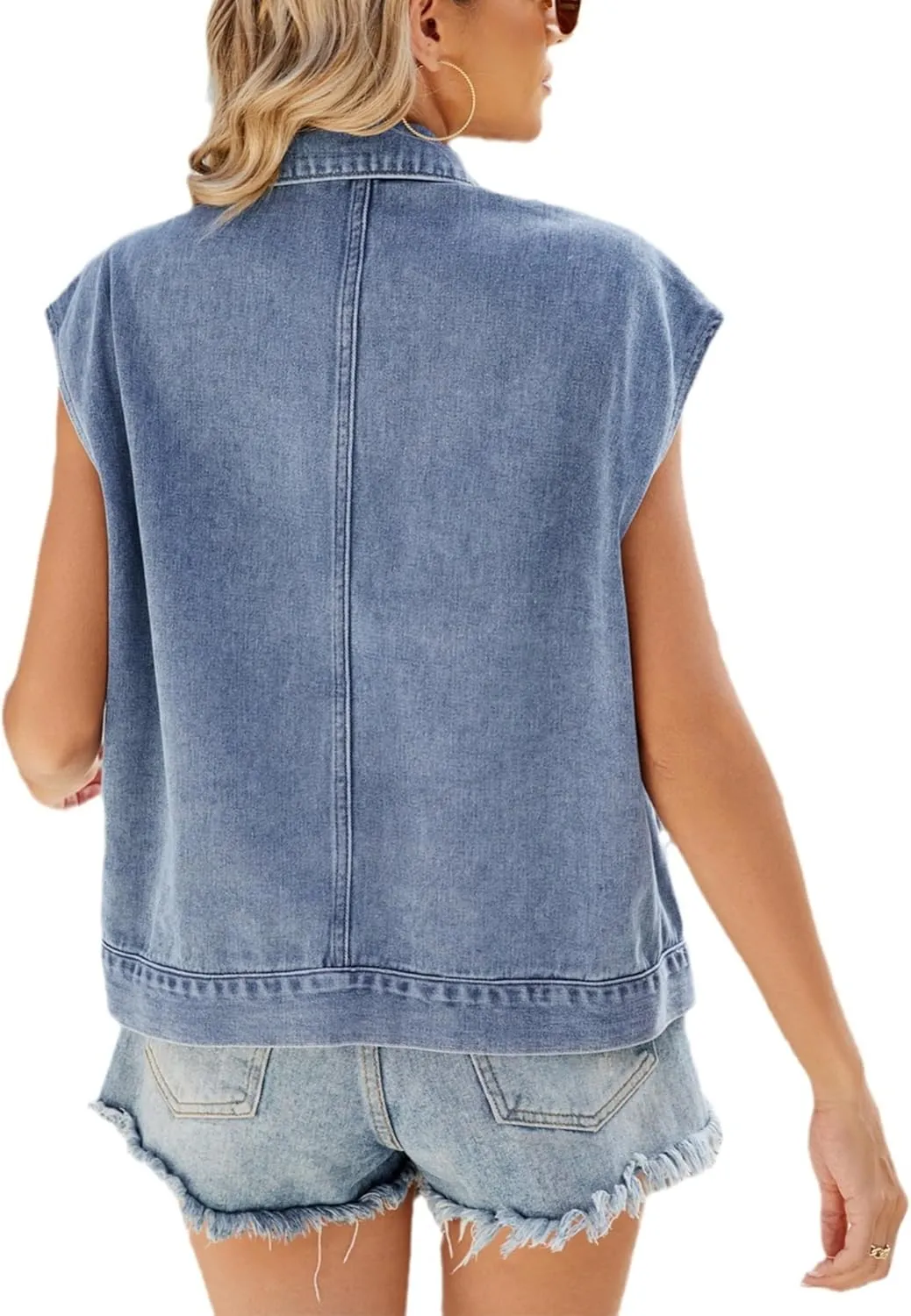 Women's Denim Jean Vest Casual Button Sleeveless Jean Jacket Vintage Denim Waistcoat with Pockets