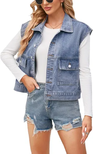 Women's Denim Jean Vest Casual Button Sleeveless Jean Jacket Vintage Denim Waistcoat with Pockets