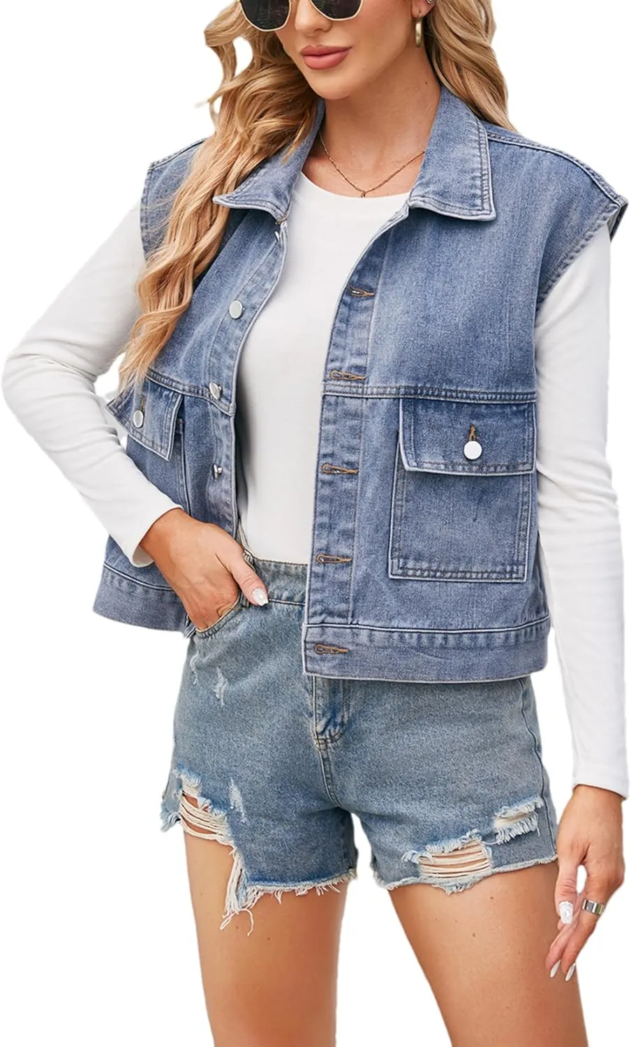 Women's Denim Jean Vest Casual Button Sleeveless Jean Jacket Vintage Denim Waistcoat with Pockets