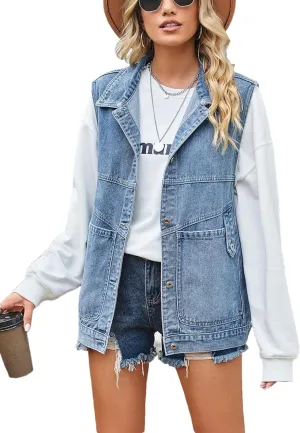 Women's Denim Jean Vest Casual Button Sleeveless Jean Jacket Vintage Denim Waistcoat with Pockets