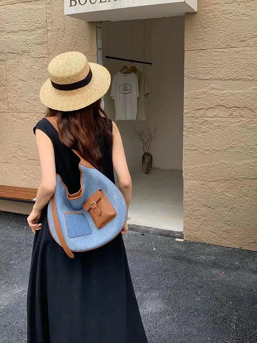 Women's Denim Shoulder Crossbody Underarm Bag Totes Handbag Hobo Versatile Dumpling Bag Purse Commuting Large Capacity
