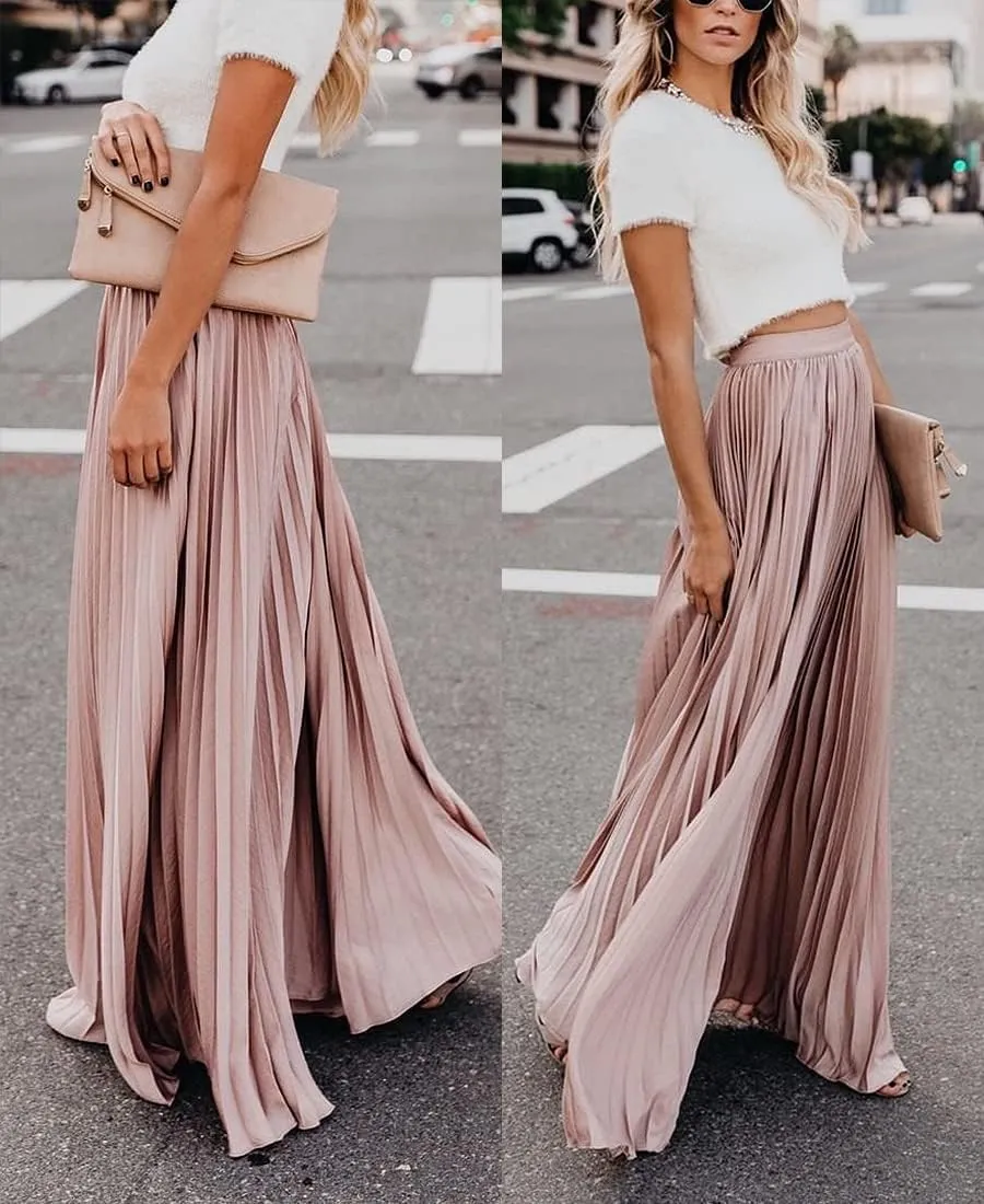 Women's High Elastic Waist Pleated Flowy Swing A-line Maxi Skirts