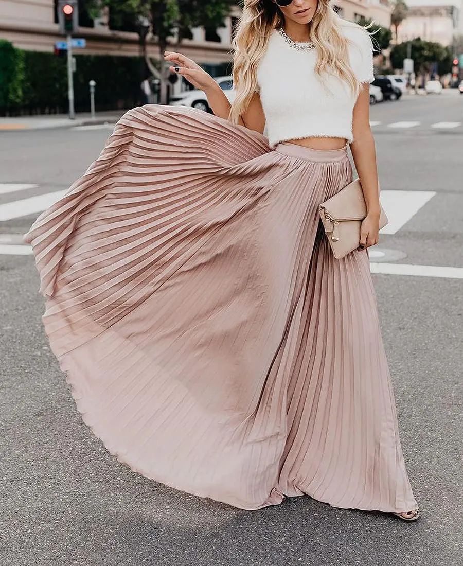 Women's High Elastic Waist Pleated Flowy Swing A-line Maxi Skirts