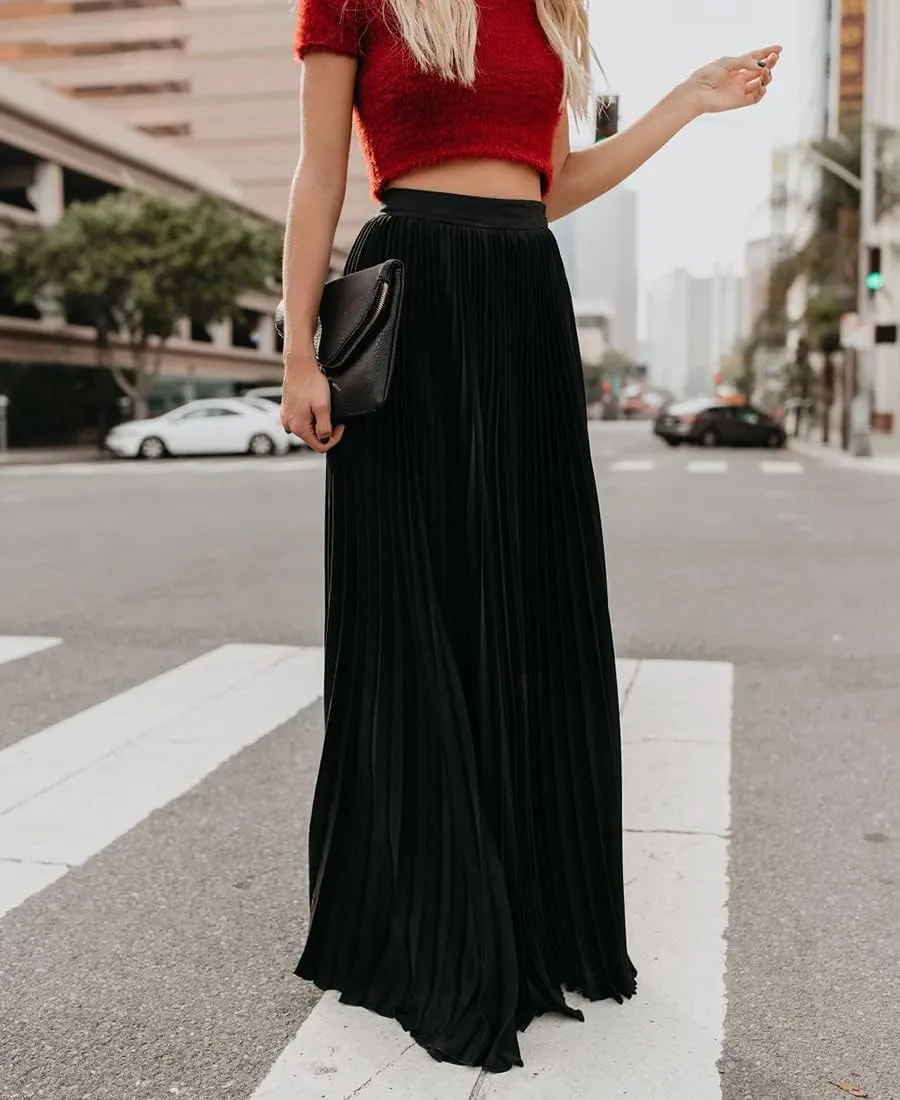 Women's High Elastic Waist Pleated Flowy Swing A-line Maxi Skirts
