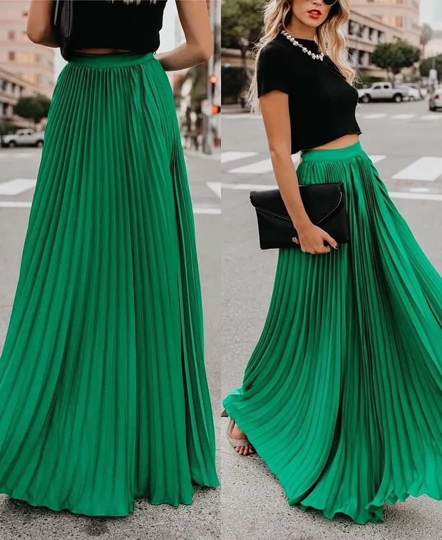 Women's High Elastic Waist Pleated Flowy Swing A-line Maxi Skirts