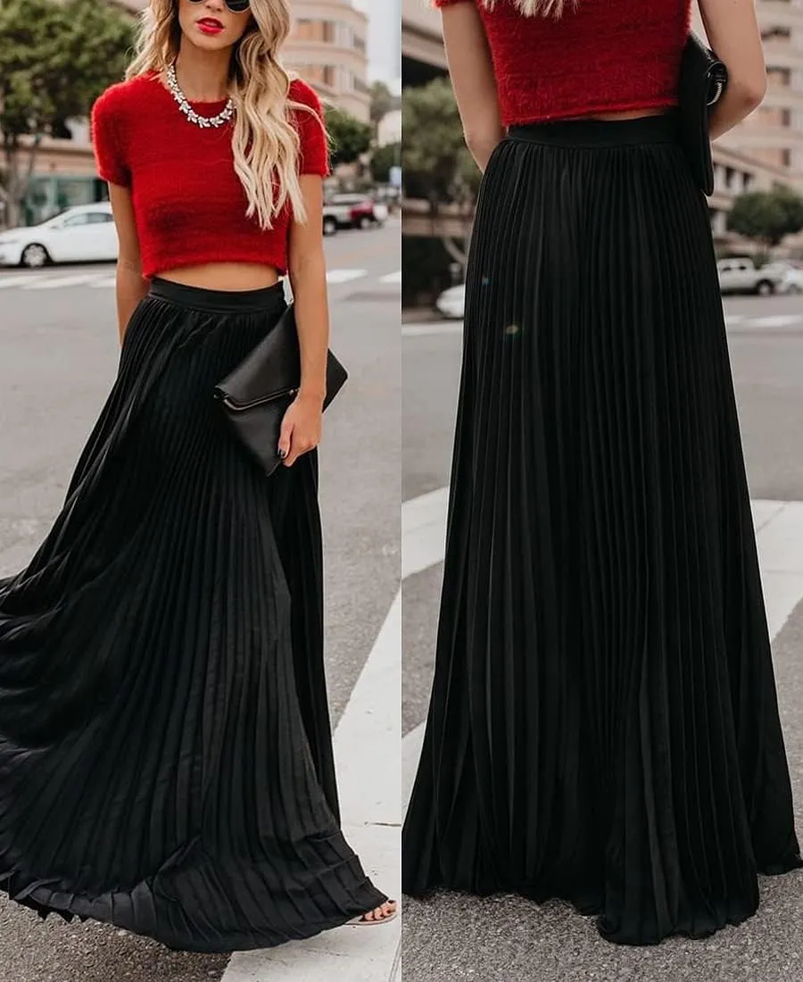 Women's High Elastic Waist Pleated Flowy Swing A-line Maxi Skirts
