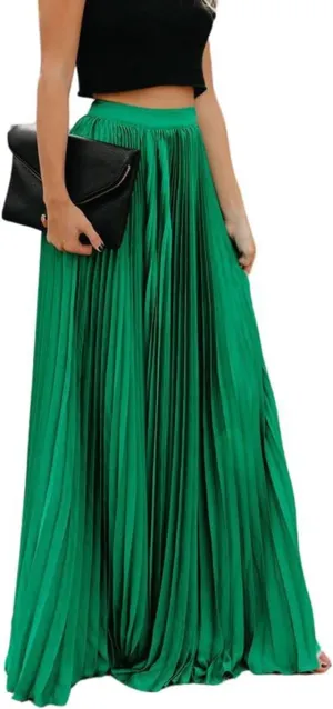 Women's High Elastic Waist Pleated Flowy Swing A-line Maxi Skirts