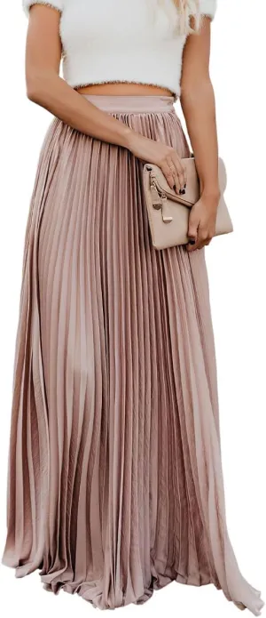 Women's High Elastic Waist Pleated Flowy Swing A-line Maxi Skirts
