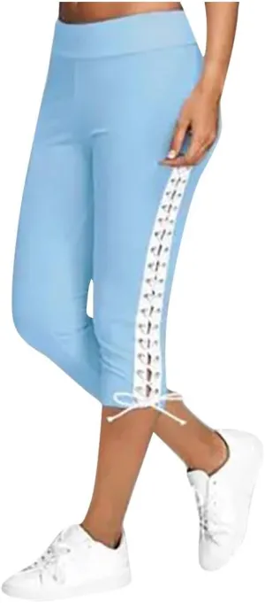 Women's High Waist Solid Lace Up Capri Pants Fashion Lightweight Breathable Straight Leg Cropped Trousers Cotton Soft Pant