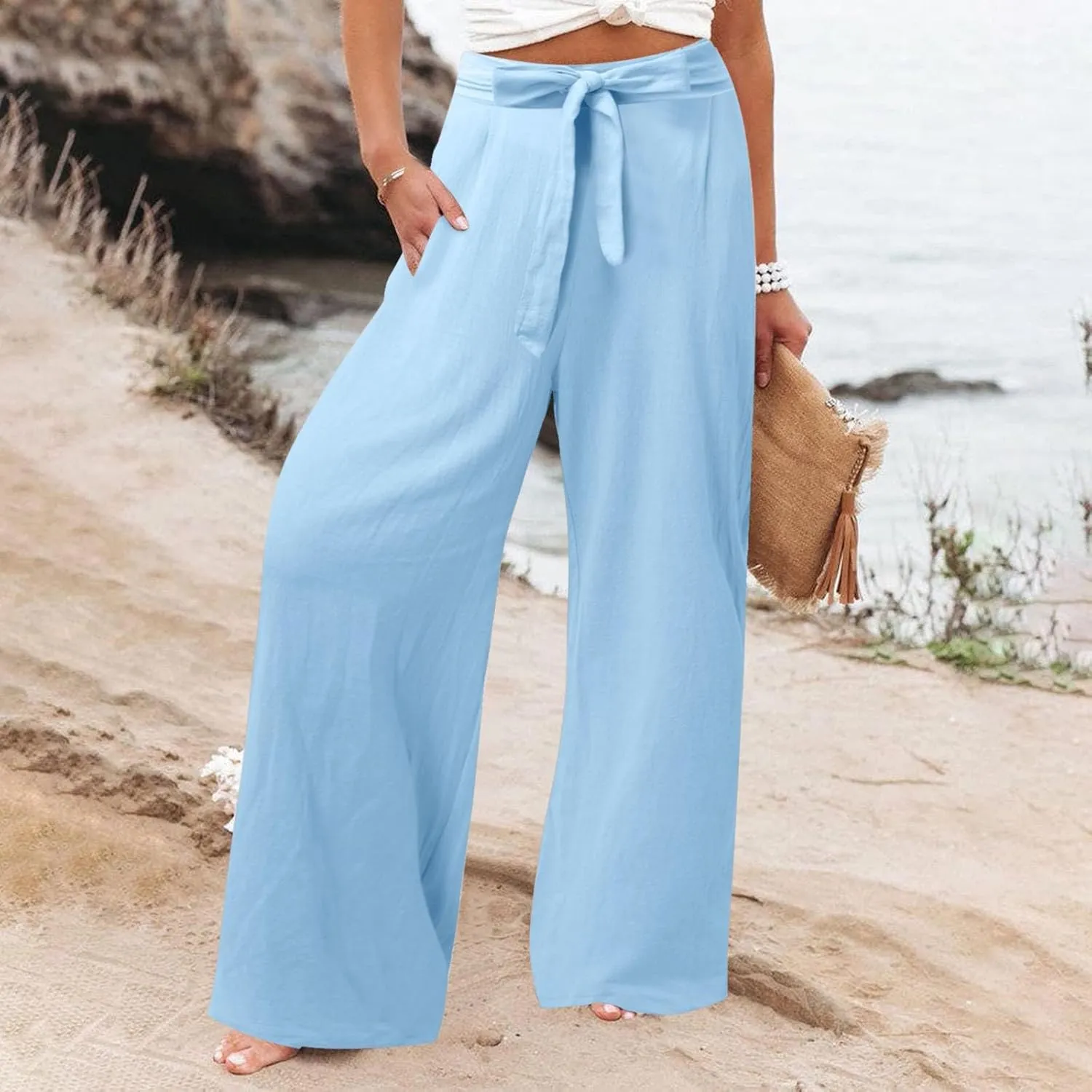 Women's Linen Blend Summer Casual Flowy Pants High Waist Lounge Pants Plus Size Trouser Vacation