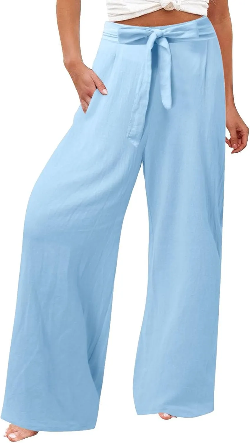 Women's Linen Blend Summer Casual Flowy Pants High Waist Lounge Pants Plus Size Trouser Vacation