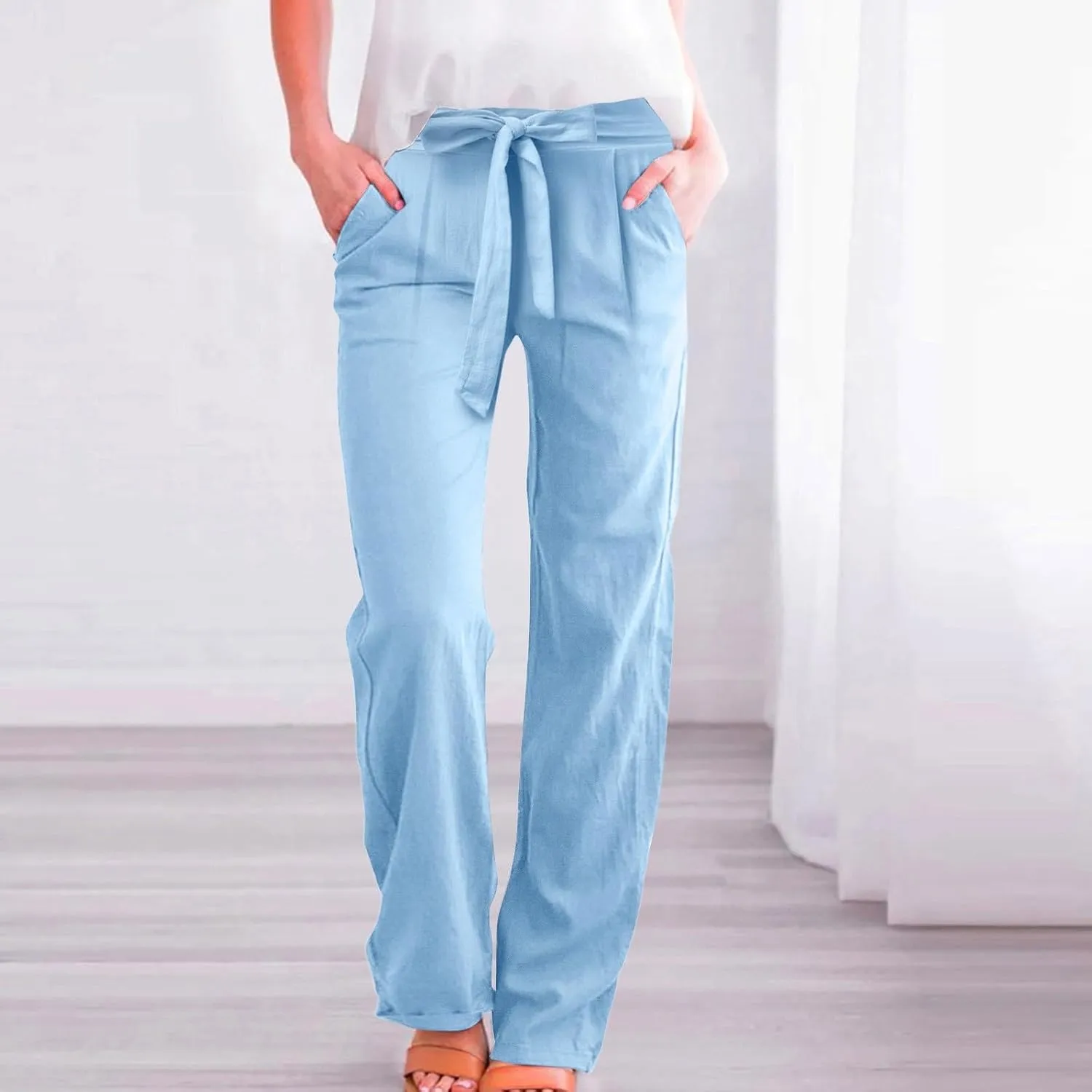 Women's Linen Blend Summer Casual Flowy Pants High Waist Lounge Pants Plus Size Trouser Vacation