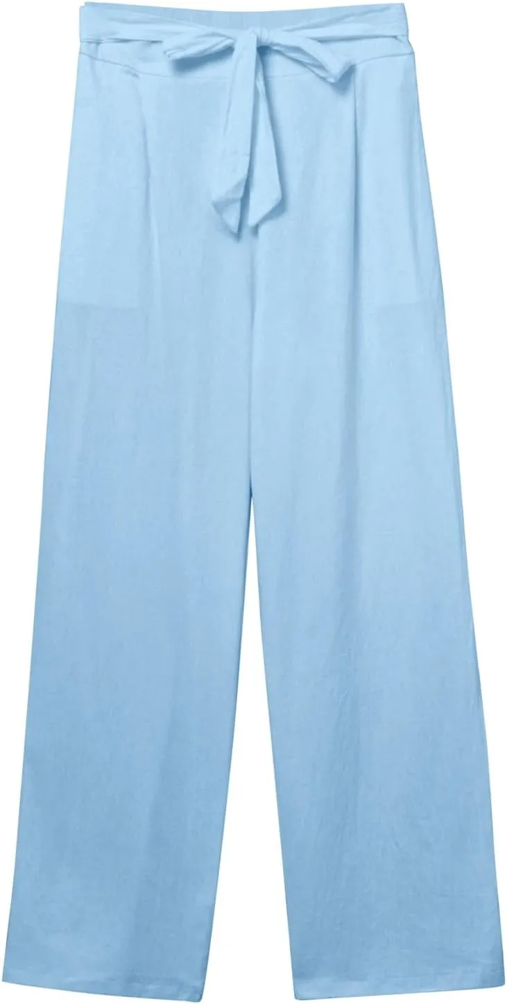 Women's Linen Blend Summer Casual Flowy Pants High Waist Lounge Pants Plus Size Trouser Vacation