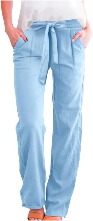 Women's Linen Blend Summer Casual Flowy Pants High Waist Lounge Pants Plus Size Trouser Vacation