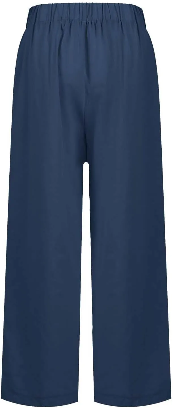 Womens Linen Cropped Pants High Waisted Summer Beach Pants Elastic Waist Tapered Pants Casual Ankle Length Trousers