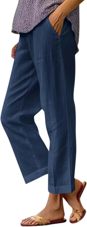 Womens Linen Cropped Pants High Waisted Summer Beach Pants Elastic Waist Tapered Pants Casual Ankle Length Trousers