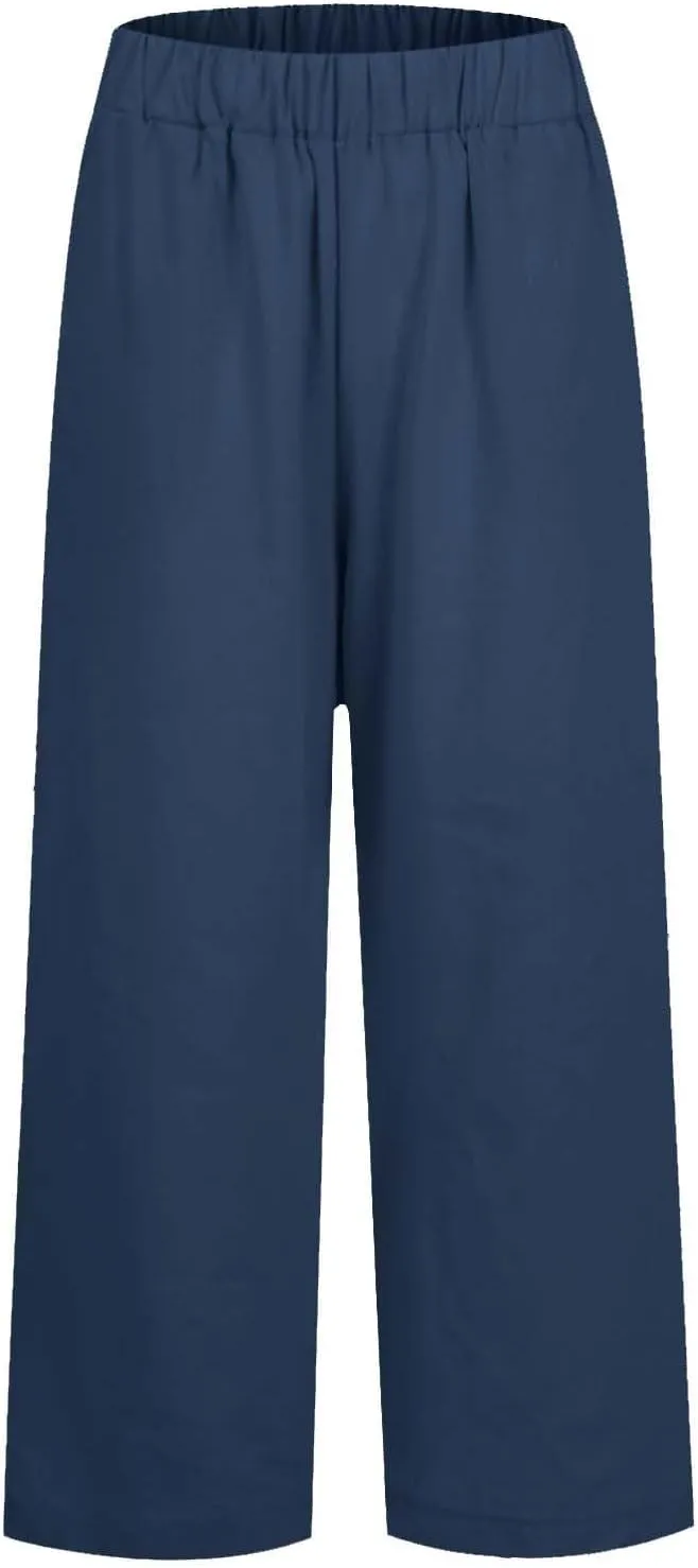 Womens Linen Cropped Pants High Waisted Summer Beach Pants Elastic Waist Tapered Pants Casual Ankle Length Trousers