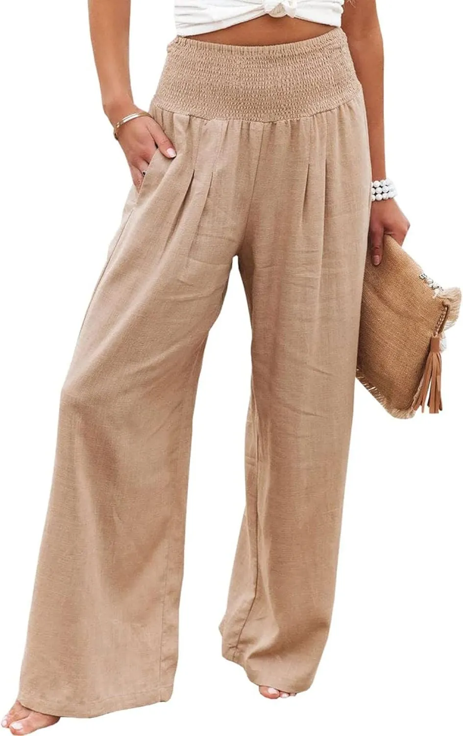 Womens Linen Palazzo Pants Casual Wide Leg High Waist Pant 2025 Summer Flowy Boho Beach Travel Vacation Outfits