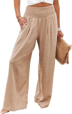 Womens Linen Palazzo Pants Casual Wide Leg High Waist Pant 2025 Summer Flowy Boho Beach Travel Vacation Outfits