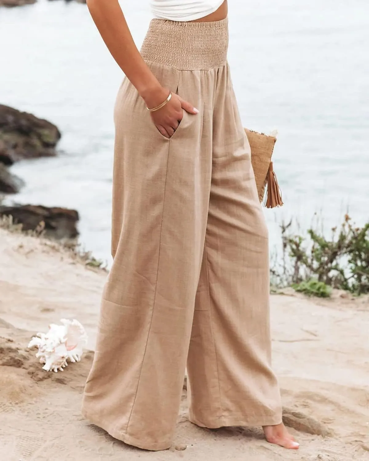 Womens Linen Palazzo Pants Casual Wide Leg High Waist Pant 2025 Summer Flowy Boho Beach Travel Vacation Outfits