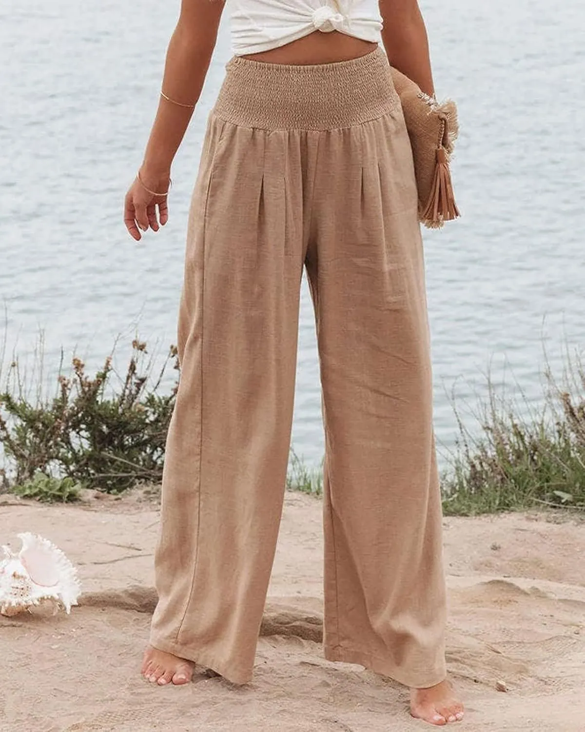 Womens Linen Palazzo Pants Casual Wide Leg High Waist Pant 2025 Summer Flowy Boho Beach Travel Vacation Outfits