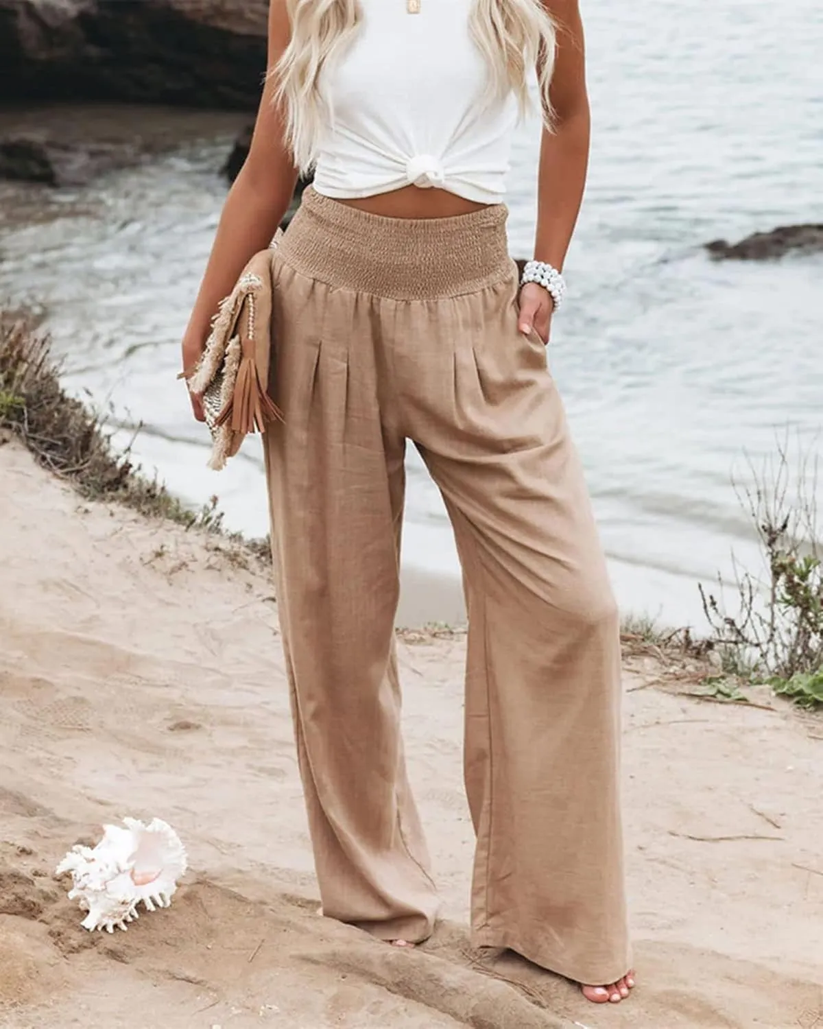Womens Linen Palazzo Pants Casual Wide Leg High Waist Pant 2025 Summer Flowy Boho Beach Travel Vacation Outfits