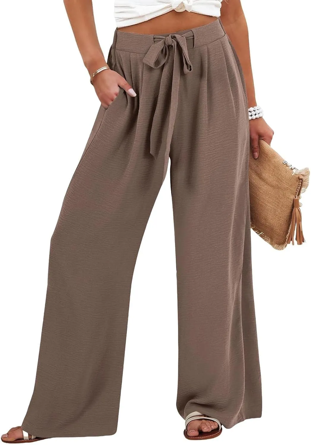 Women's Linen Palazzo Pants High Waist Wide Leg Flowy Pants Summer Beach Vacation Clothes Casual Loose Fit Outfits