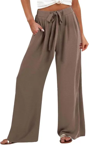 Women's Linen Palazzo Pants High Waist Wide Leg Flowy Pants Summer Beach Vacation Clothes Casual Loose Fit Outfits