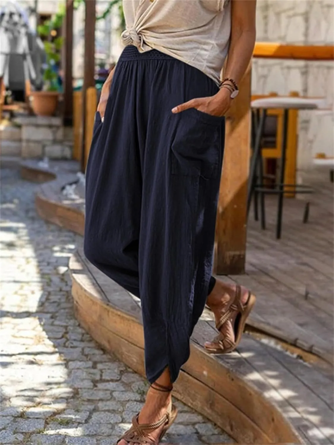 Womens Linen Pants with Pockets Straight Leg Elastic Waist Casual Pants Summer Loose Capris Beach Vacation Trousers