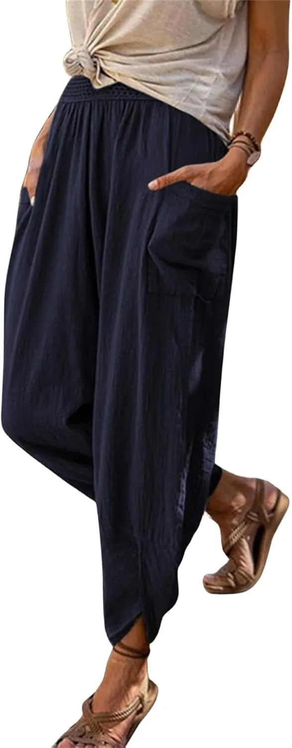 Womens Linen Pants with Pockets Straight Leg Elastic Waist Casual Pants Summer Loose Capris Beach Vacation Trousers