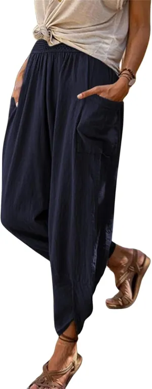 Womens Linen Pants with Pockets Straight Leg Elastic Waist Casual Pants Summer Loose Capris Beach Vacation Trousers
