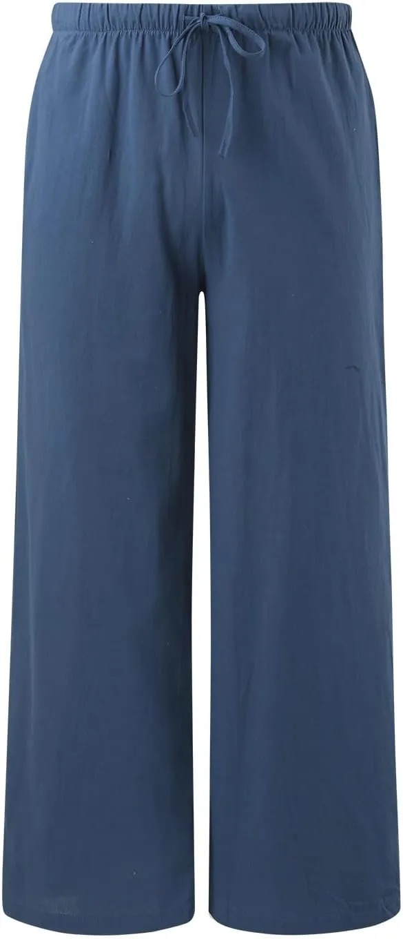 Women's Linen Summer Palazzo Pants Flowy Wide Leg Beach Trousers Drawstring Elastic Waist Pant with Pockets