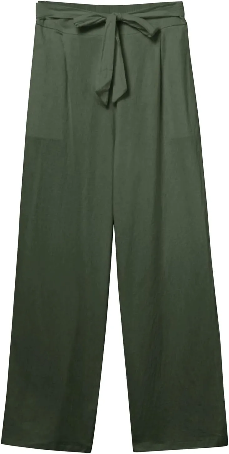 Women's Linen Summer Split Flowy Palazzo Lounge Pants Elastic Waisted Ankle Length Slim Fit Palazzo Lounge